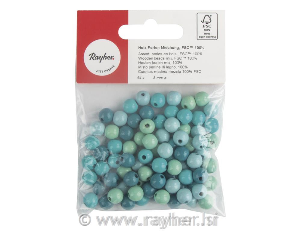 Lesene perle, FSC 100%, 8mm, turkizne, 84 kos