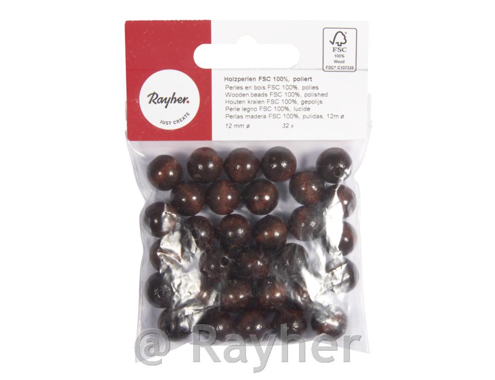 Perle lesene, pološčene, 12mm, temno rjave, 32 kosov