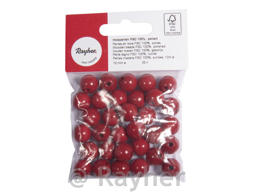 Perle lesene, pološčene, 12mm, rdeče, 32 kosov