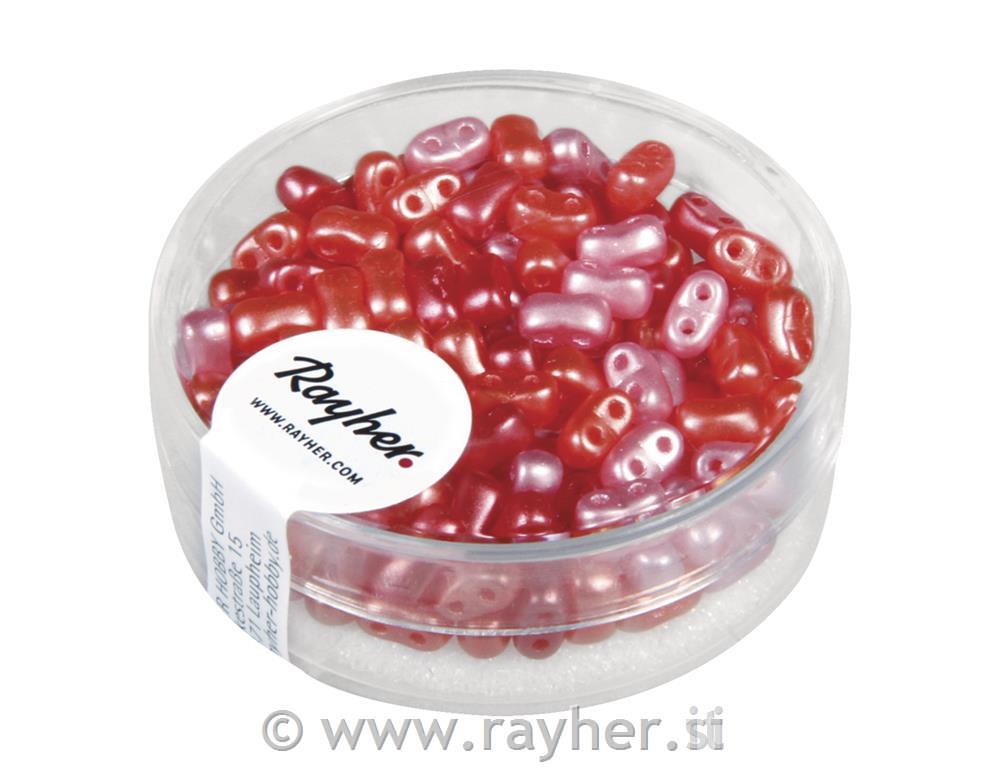 Perle z dvojno luknjo mešane, rdeče, 3x5mm,12g