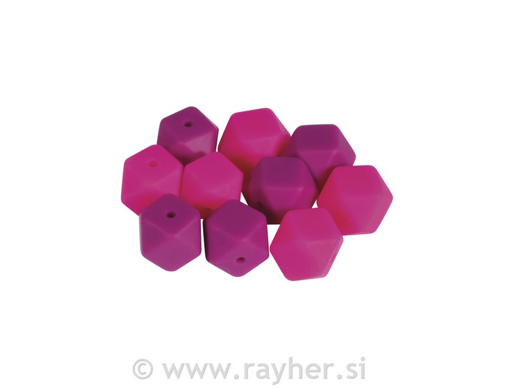 Silikonske perle šestkotne, 14mm, roza, 10 kos