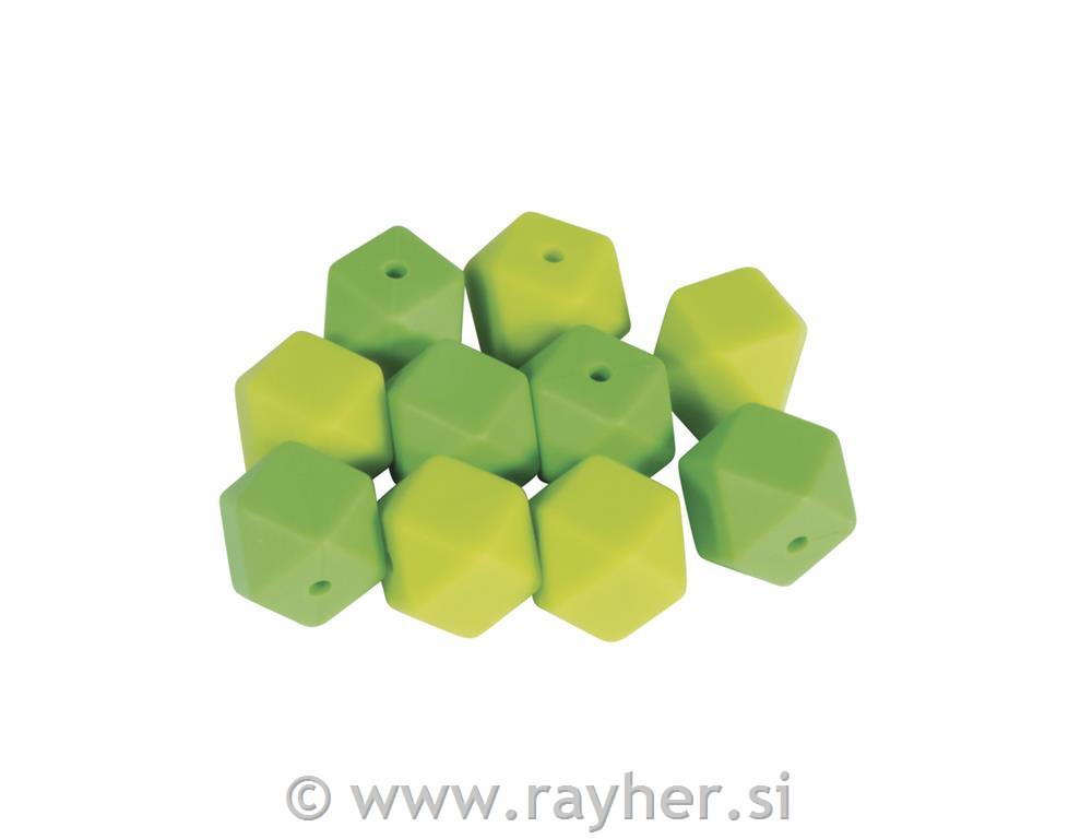 Silikonske perle šestkotne, 14mm, zelene, 10 kos