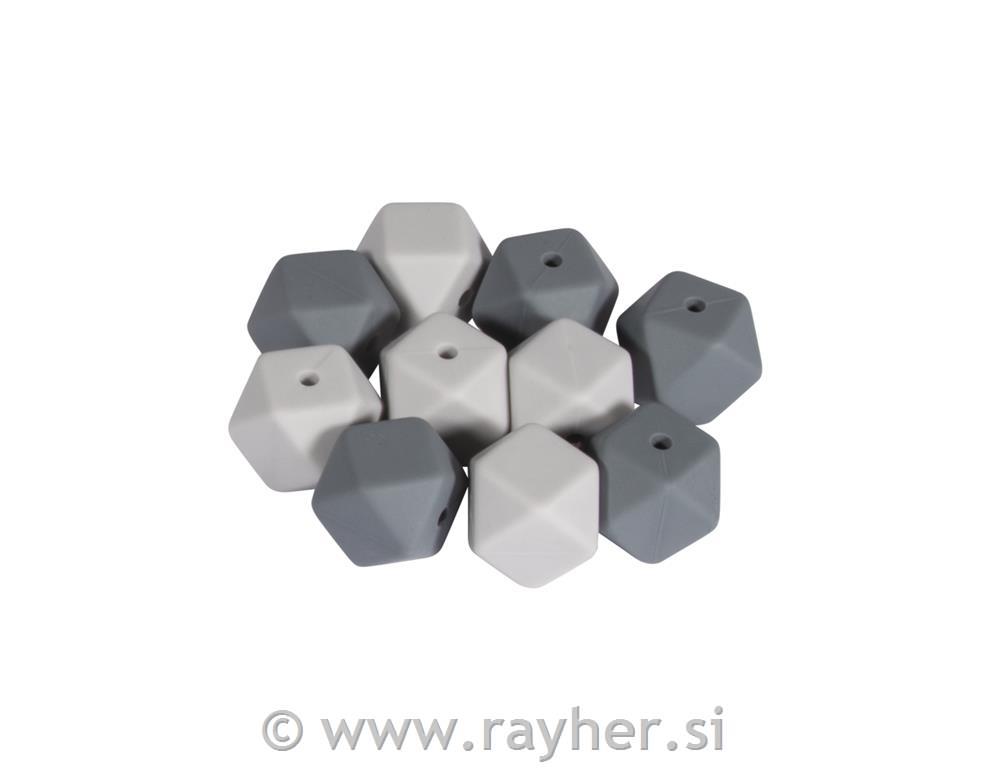 Silikonske perle šestkotne, 14mm, sive, 10 kos