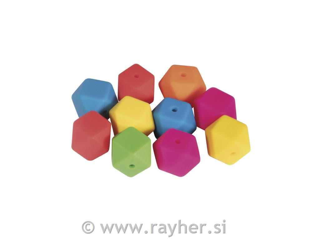 Silikonske perle šestkotne, 14mm, mešane barve, 10 kos