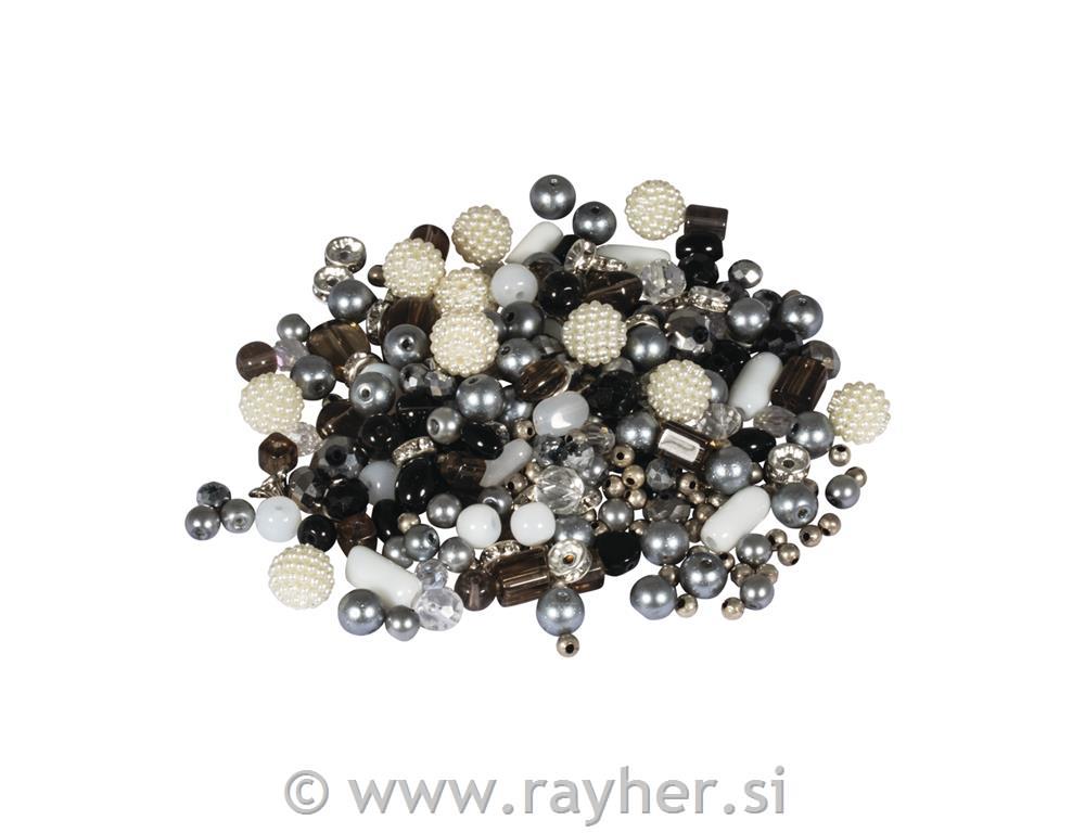 Perle steklenev"Pearl effect", črno-bele, 100g
