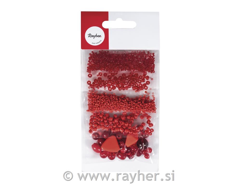 Glass bead mix, classic red, 5 types,40g