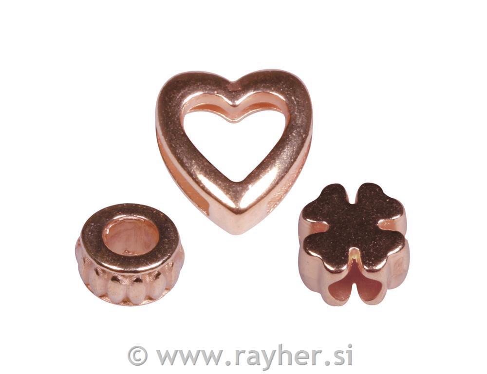 Kovinski element "Lovely", rož-zlat, Heart, Cloverleaf & Rou