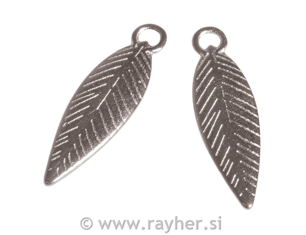 Kovinski obesek, perje, staro srebro, 21mm, set 3