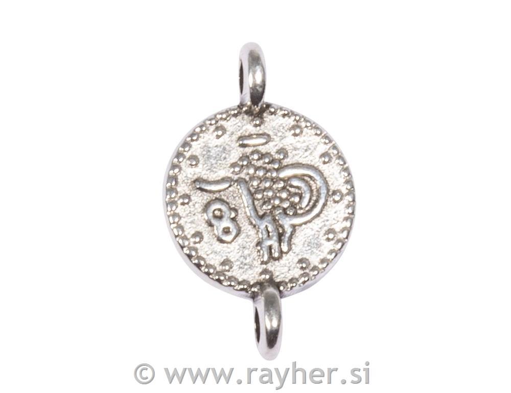 Metallic mini-pendant Coin, 7.3mm owith 2 eyelets, tab-bag 4pcssilver