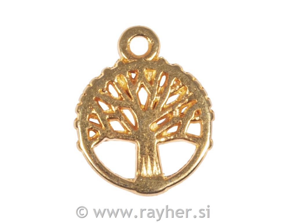 Kov.obesek, Drevo življenje, 10mm, zlat, 3 kos