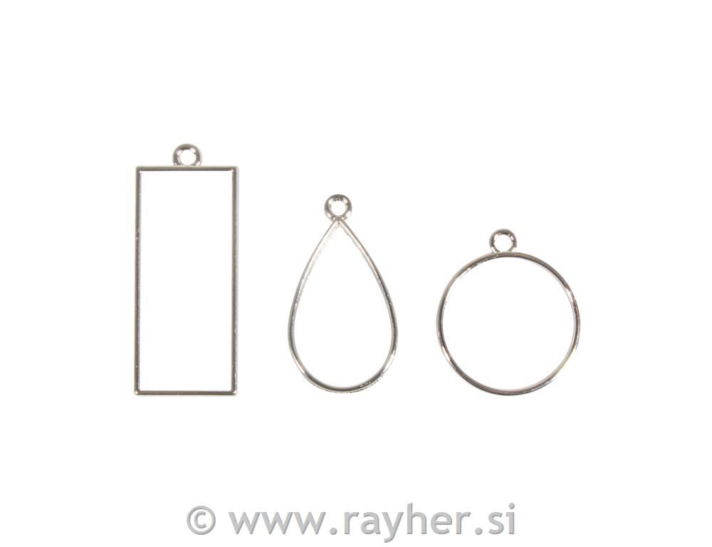 Kovinski obeski, srebrni: krog, kapljica, pravokotnik, set 3