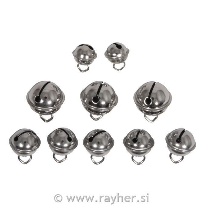 Decorat.little metal bell mix, spherical2x11mm, 5x15mm, 3x19mm, tab-bag 10pcs
