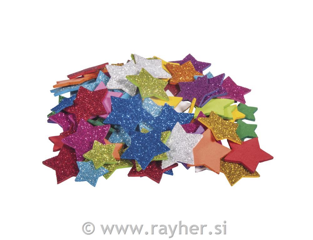 Zvezde iz penaste gume z bleščicami,samolepi., 2+3cm, 100kos