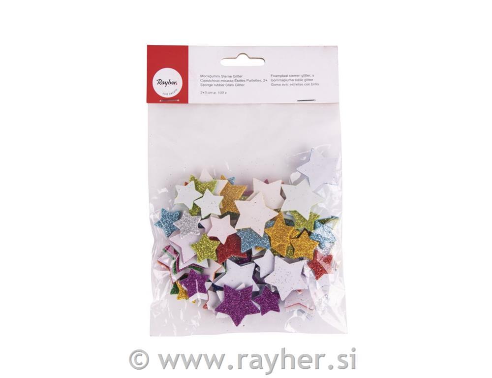 Zvezde iz penaste gume z bleščicami,samolepi., 2+3cm, 100kos
