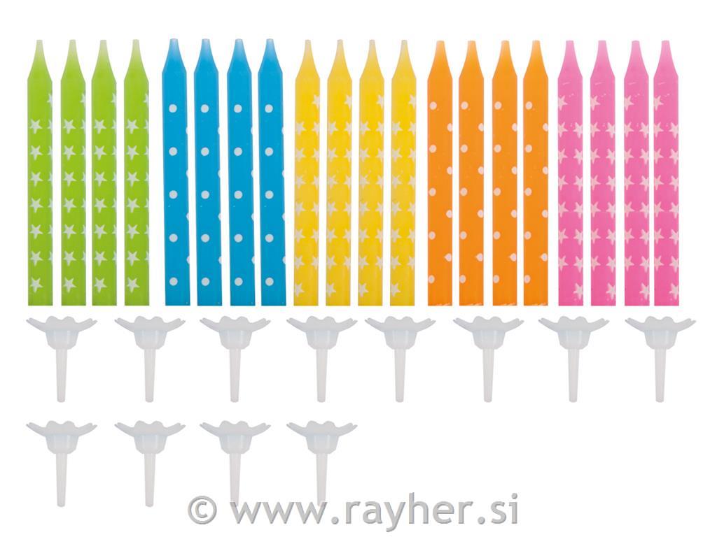 Birthday candles w.holder,in assort.col., coloured, 6.4cm, 20cand.,12hold., tab-