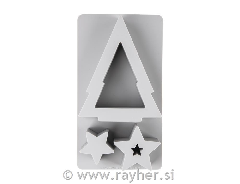 Silikonski kalup za svečke Smreka in zvezde, 14,5 x 26 x 4 cm, 3 motivi