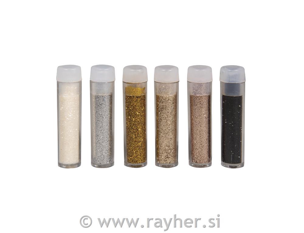 Bio-Glitter colour assortment, gold, silver, black, white, 6 colours,