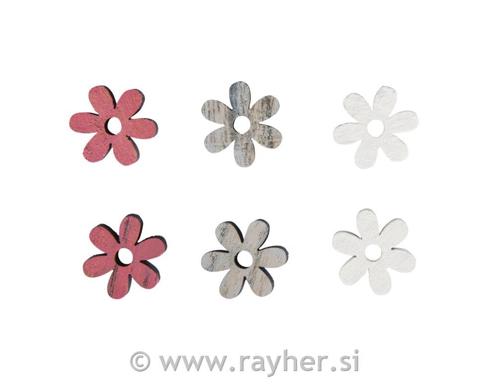 Small wooden objects Blossoms, 1.8cm o,white/pink/grey, 0.8mm, tab-bag 12pcs