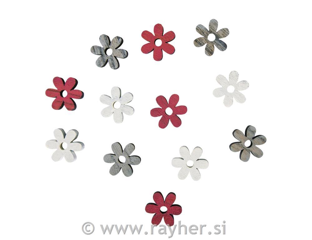 Small wooden objects Blossoms, 1.8cm o,white/pink/grey, 0.8mm, tab-bag 12pcs