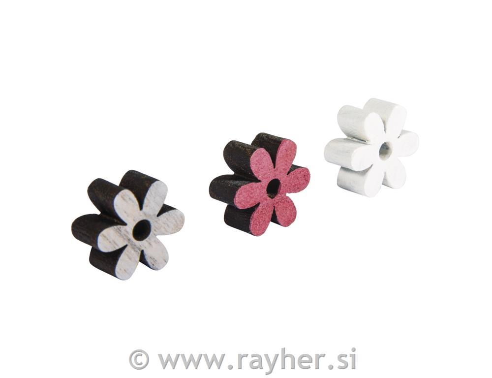 Small wooden objects Blossoms, 1.8cm o,white/pink/grey, 0.8mm, tab-bag 12pcs