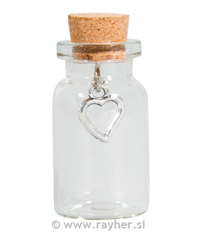 Small glass bottle w.Charm Fish, 2.2cm o, 4.5cm, PVC box 4pcs