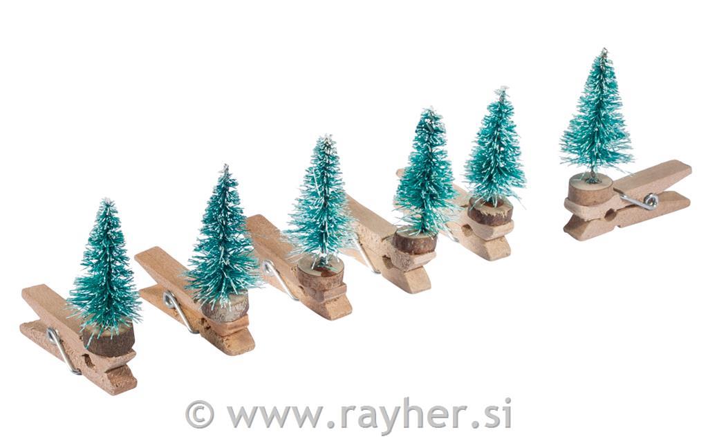 Lesene ščipalke s smrečicami, 3.5x4cm, 6 kosov