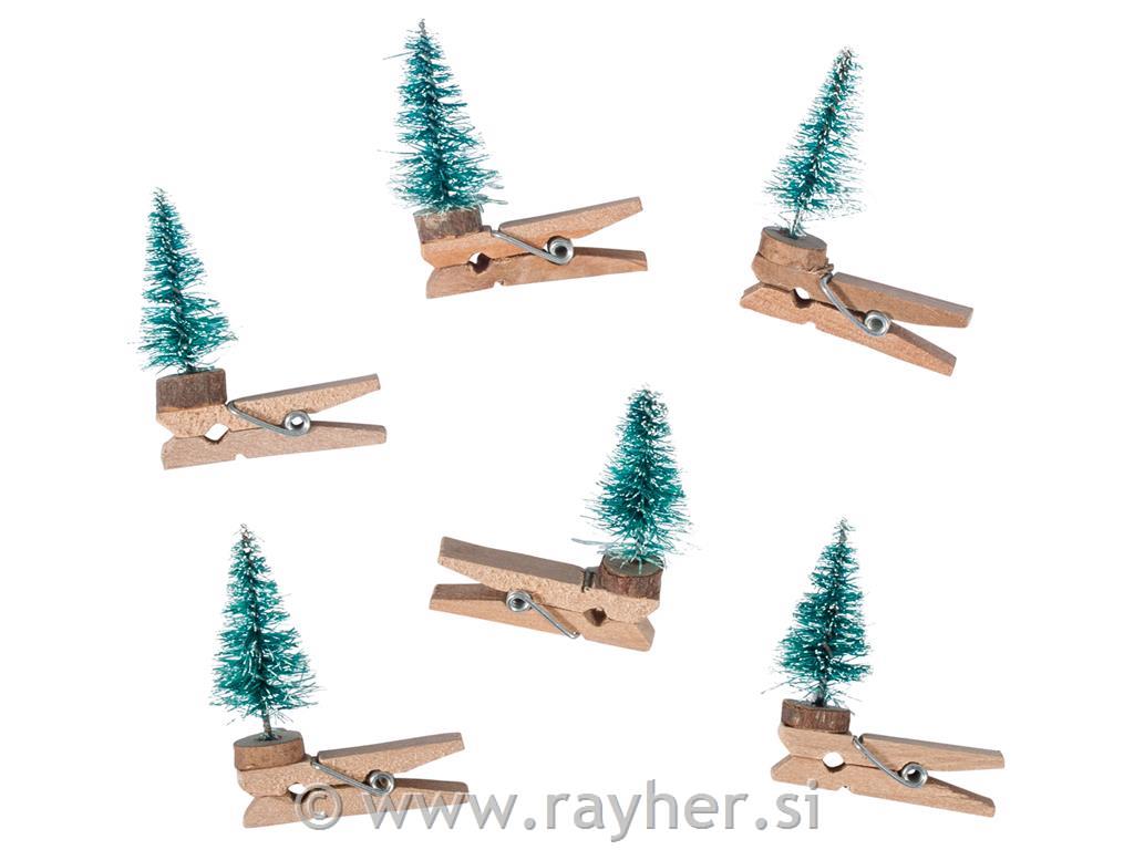 Lesene ščipalke s smrečicami, 3.5x4cm, 6 kosov