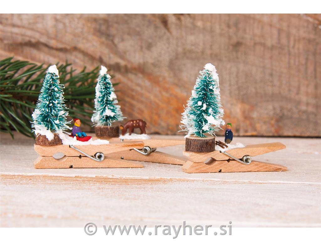 Lesene ščipalke s smrečicami, 3.5x4cm, 6 kosov