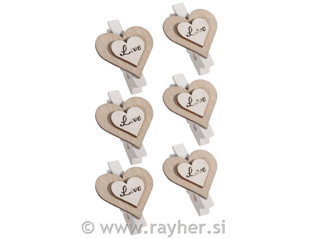 Lesene ščipalke "Love", 3.5x4.5cm, set 6