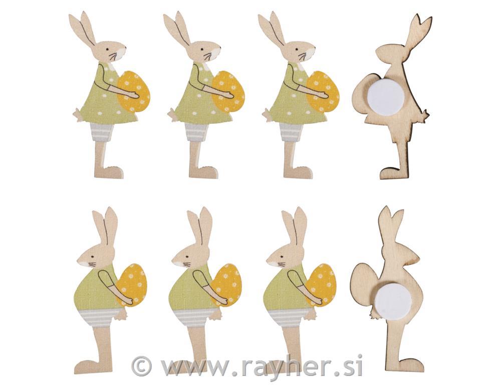 Leseni okraski Zajčki z jajčki, 2x4.5cm, samolepilni, set 8