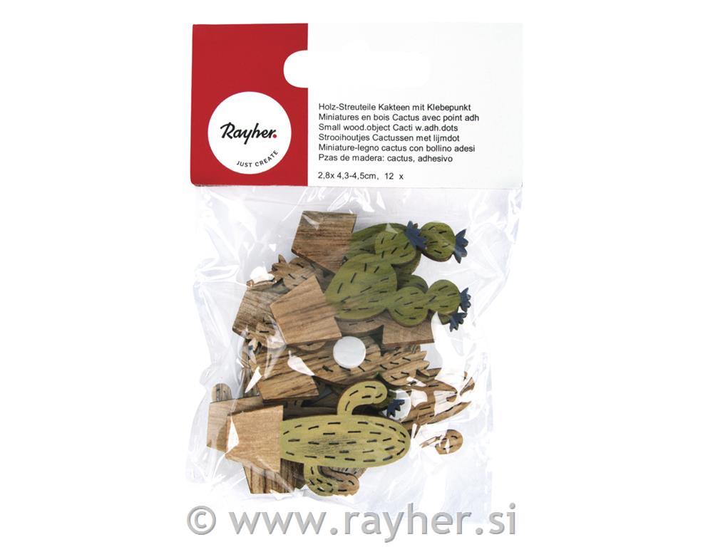 Small wood.object Cacti w.adh.dots, 2.8x4.3-4.5cm, tab-bag 12pcs