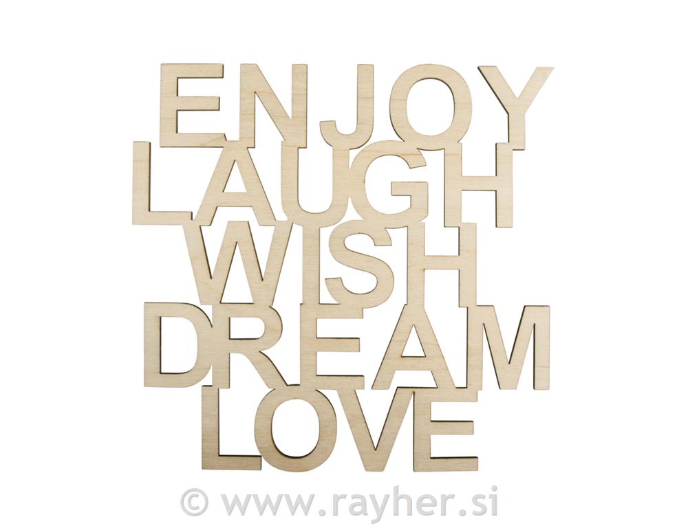 Wood.letter."Enjoy,Laugh,Wish..."FSC100%, natural, 18.7x18x0.4cm, tab-bag 1pc