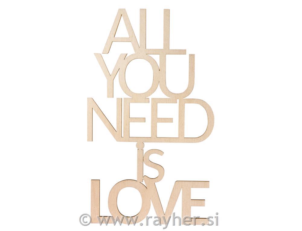 Wood font "All you need is love" FSC100%, natural, 12.4x21.8x0.4cm, tab-bag 1pc