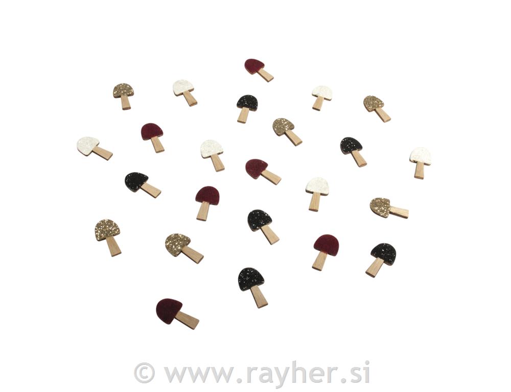 Small wood.trinkets Mushrooms w.adh.dots2.5x1.5cm, partly glitt., tab-bag 12pcs