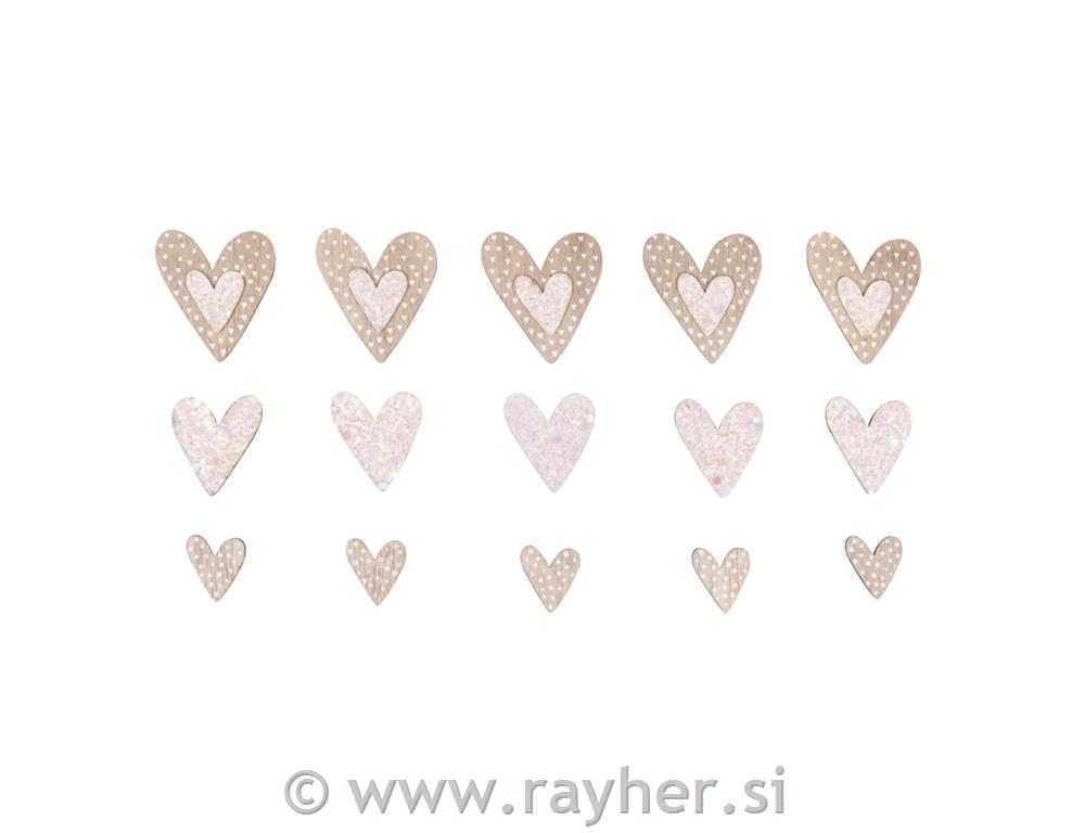 Leseni okraski, Srček v srčku, 2-4cm, 15 kosov