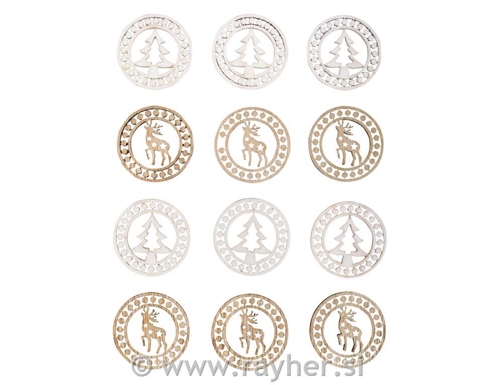 Wood.small shapes Fir tree + Deer, 3.2cmassorted, tab-bag 12pcs