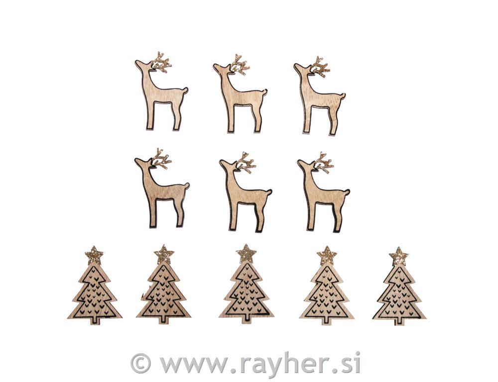 Wood.small trinkets X-mas tree+deer3x4.5cm, assorted, tab-bag 10pcs