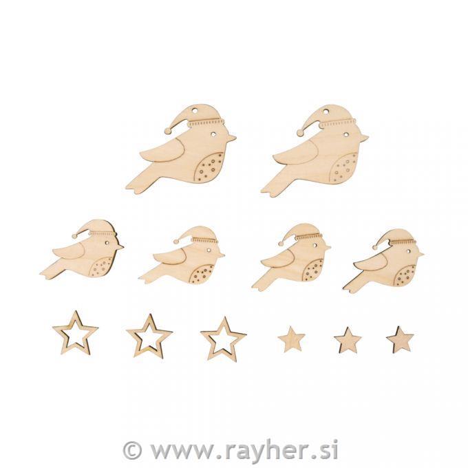 Leseni okraski Ptički in zvezde 2,5-4,3 cm set 12