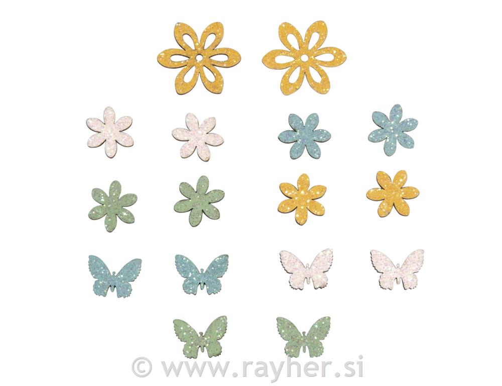 Leseni okraski, Rožice in metulji, samolepilni, set 16