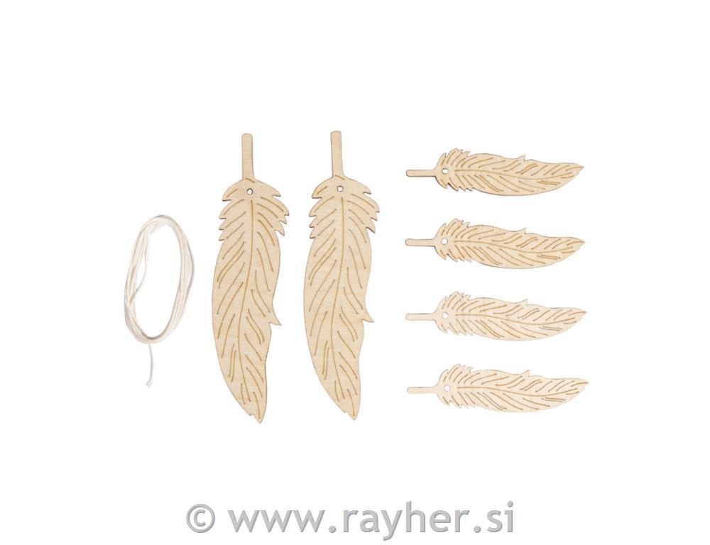 Leseni okraski, perje+vrvica, 12.5-7.5cm, set 6