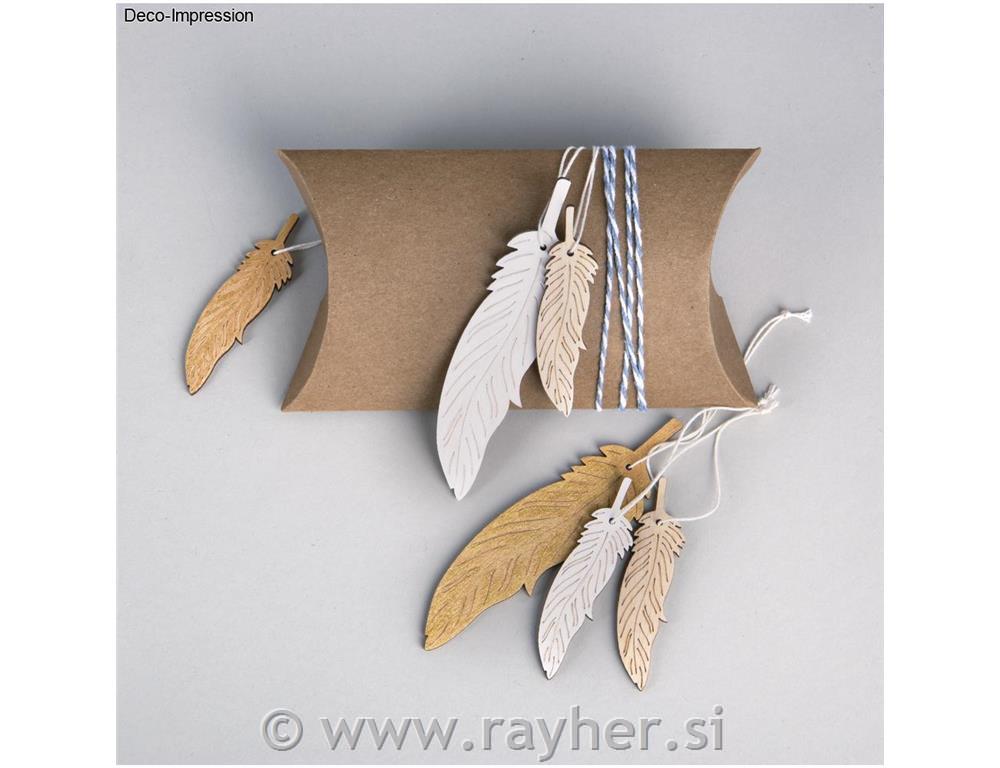 Leseni okraski, perje+vrvica, 12.5-7.5cm, set 6