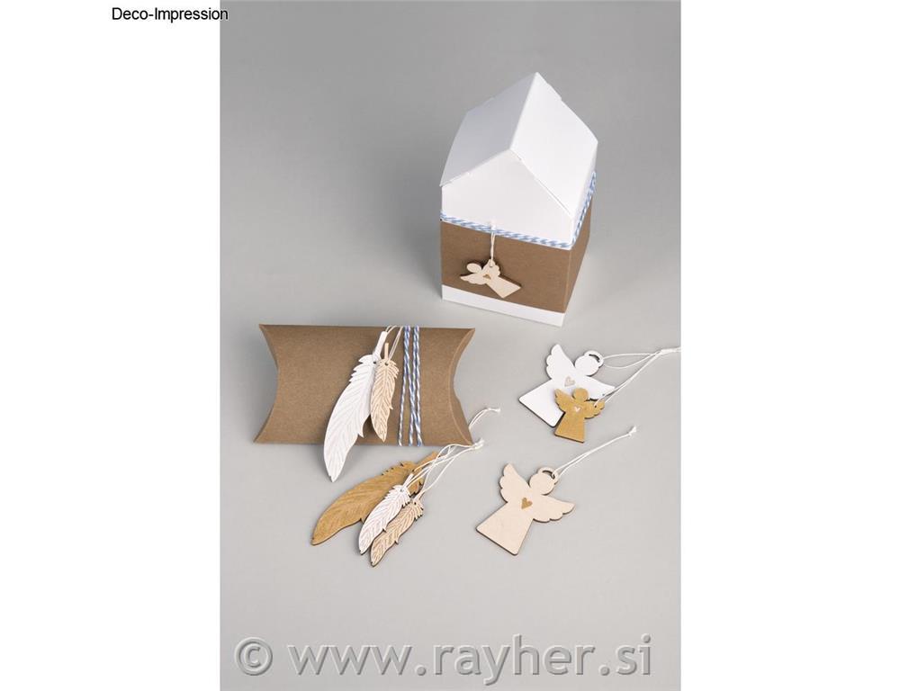 Leseni okraski, perje+vrvica, 12.5-7.5cm, set 6