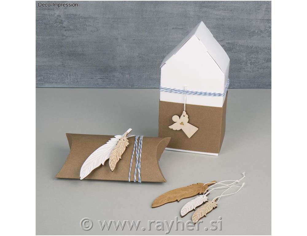 Leseni okraski, perje+vrvica, 12.5-7.5cm, set 6