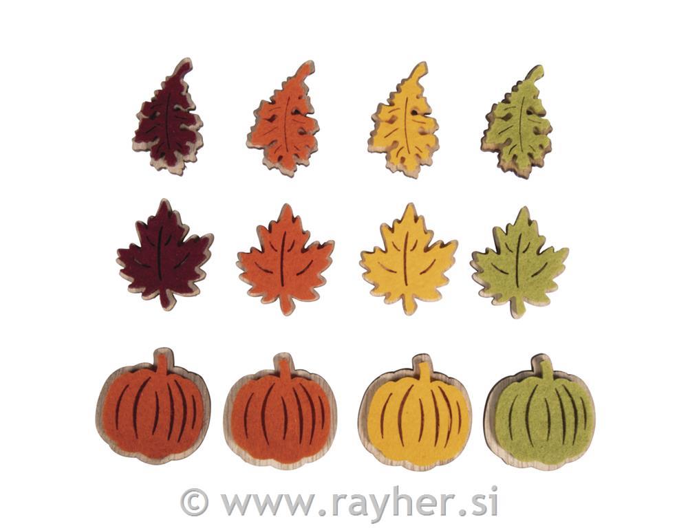 Leseni okraski, buče+listje 3,7cm; 12kos