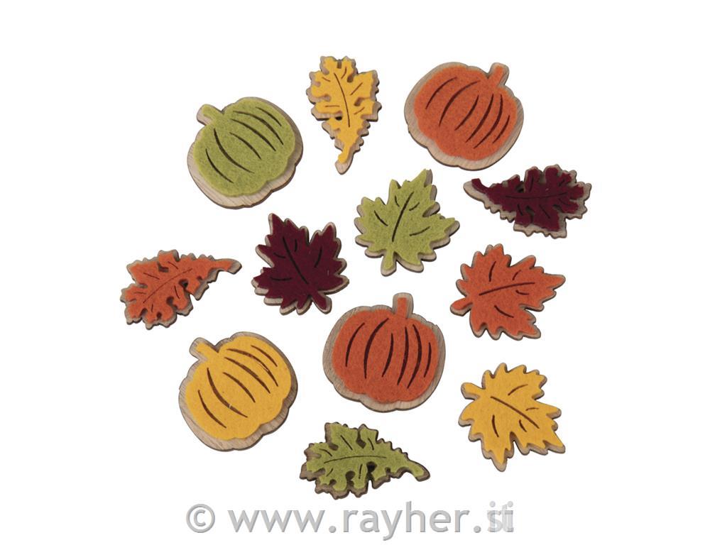 Leseni okraski, buče+listje 3,7cm; 12kos