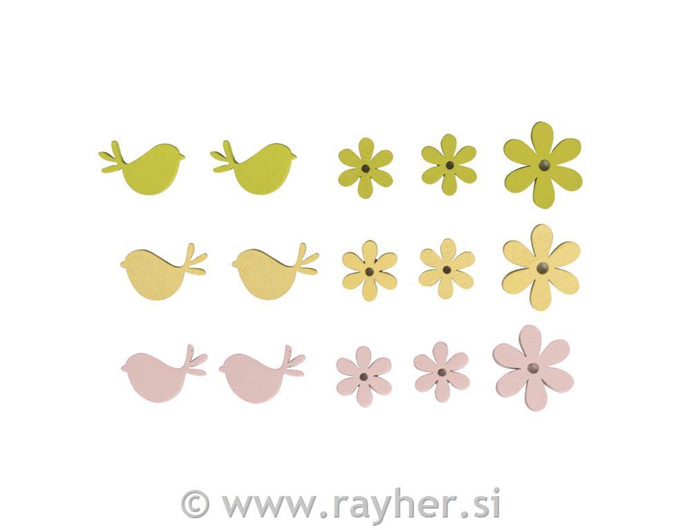 Leseni ptički in cvetje 2,3-3,3cm 15 kosov