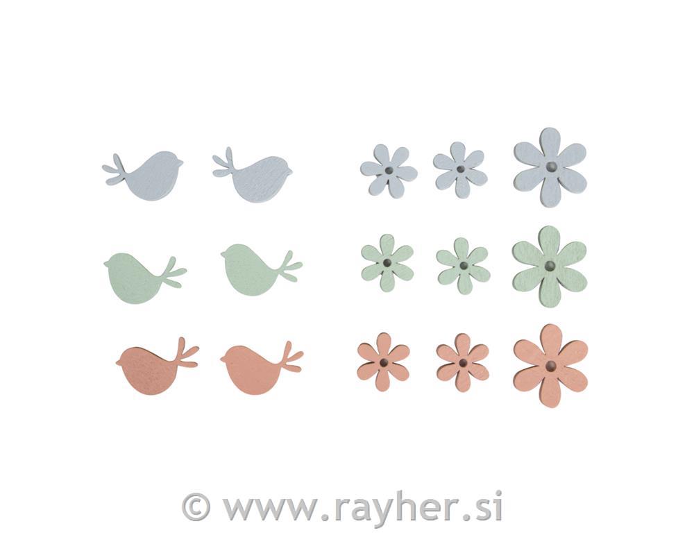 Leseni ptički in cvetje 2,3-3,3cm 15 kosov