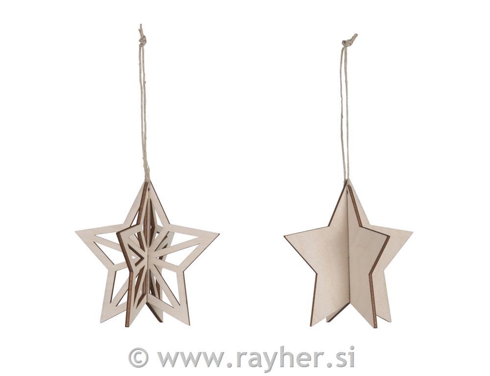 Wood decor3D Star,FSC Mix Credit, 10cm oassorted, + cord 0.5cm, tab-bag 2pcs