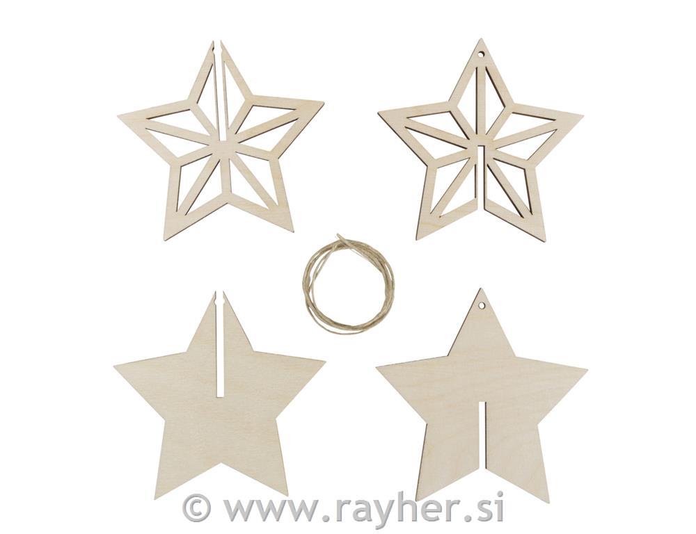 Wood decor3D Star,FSC Mix Credit, 10cm oassorted, + cord 0.5cm, tab-bag 2pcs