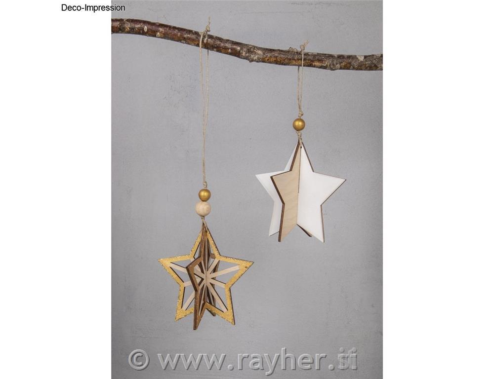 Wood decor3D Star,FSC Mix Credit, 10cm oassorted, + cord 0.5cm, tab-bag 2pcs